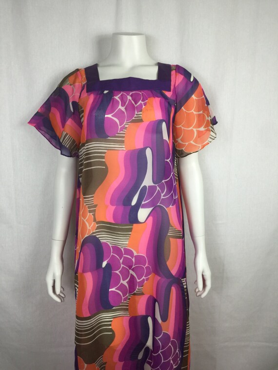 Vtg 70s sheer op art maxi ribbon print psychadelic