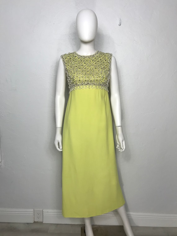 Vtg 60s lime crepe heavily beaded and sequin colum