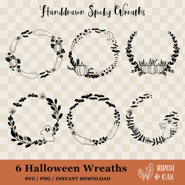 Spooky Wreaths SVG Halloween Wreaths PNG Ghosts Bats Pumpkins Greenery Cute Hand-drawn