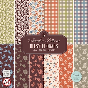 May include: A collection of 12 seamless digital patterns featuring ditsy floral prints and gingham checks in various color palettes including olive, brown, blue, orange, and cream. The image includes text stating 12 Seamless Patterns DITSY FLORALS.