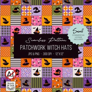 Motif patchwork de chapeau de sorcière d'Halloween (JPG et PNG) - Papier numérique sans couture