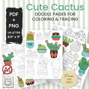 Könnte beinhalten: Digitaler Download mit Cute Cactus Doodle-Seiten zum Ausmalen und Nachzeichnen. Enthält PDF- und PNG-Dateien im US-Letter-Format 21,59 cm x 27,94 cm. Die Seiten enthalten verschiedene illustrierte Kakteen in Töpfen mit Gesichtern, teils farbig, teils als schwarz-weiße Umrisse.
