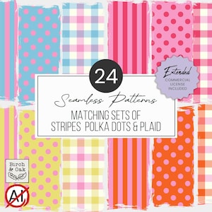 Seamless Patterns: Summer Stripes, Polka Dots, Tricolor Gingham Digital Paper (Extended Commercial Use)