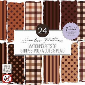 May include: A collection of 24 seamless patterns featuring brown and tan stripes, polka dots, and plaid designs. The image includes text stating 24 Seamless Patterns, Matching Sets of Stripes Polka Dots & Plaid, and Extended Commercial License Included.