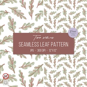 Könnte beinhalten: Ein nahtloses Blattmuster mit aquarellartigem grünem und rosafarbenem Laub auf weißem Hintergrund. Ein kastanienbraunes Rechteck zeigt den Text: Two sizes, SEAMLESS LEAF PATTERN, JPG - 300 DPI - 30,48 cm x 30,48 cm. Enthält ein Logo und ein Lizenzabzeichen.