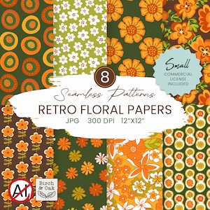 Puede incluir: Una colección digital de 8 patrones sin costuras con diseños florales retro en tonos naranja, verde y blanco. La imagen incluye el texto 8 Seamless Patterns, RETRO FLORAL PAPERS, JPG, 300 DPI, 30,48 cm x 30,48 cm y Small Commercial License Included.