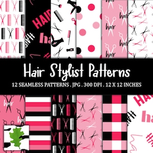 May include: A collection of 12 seamless patterns for hair stylists. The patterns feature scissors, combs, and hair dryer graphics in pink, black, and white. The text "Hair Stylist Patterns" is displayed, along with the dimensions of the patterns.