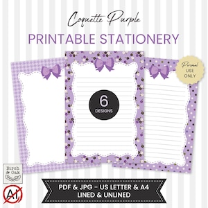 May include: A set of printable stationery titled Coquette Purple featuring six designs with purple bows, floral patterns, polka dots, and houndstooth motifs. The sheets include lined and unlined options in US Letter and A4 sizes, presented as PDF and JPG files.