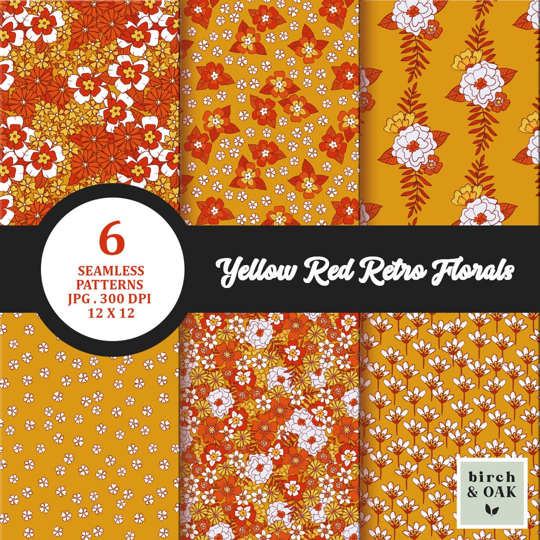 Retro 70s Red Orange Yellow Floral Pattern Digital Paper - Etsy