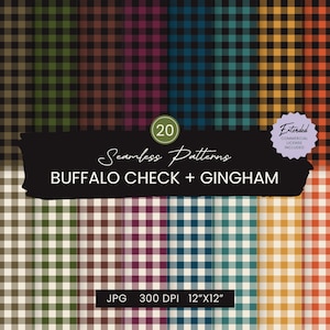 Puede incluir: Una colección de 20 patrones sin costuras de cuadros buffalo y vichy en varios colores. La imagen presenta una banda central negra con el texto 20 Seamless Patterns BUFFALO CHECK + GINGHAM, JPG 300 DPI 30,48 cm x 30,48 cm y una insignia de licencia comercial extendida.