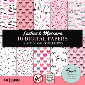 Puede incluir: Una colección de 10 papeles digitales con patrones continuos de pestañas, varitas de máscara y corazones en rosa, negro y blanco. El texto dice Lashes & Mascara 10 DIGITAL PAPERS 30,48cm X 30,48cm SEAMLESS PATTERNS, JPG 300 DPI, Small COMMERCIAL LICENSE INCLUDED.