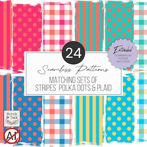 May include: A collection of 24 seamless patterns featuring stripes, polka dots, and plaid designs in vibrant colours. The central text reads 24 Seamless Patterns Matching Sets of Stripes Polka Dots & Plaid, with an Extended Commercial License Included badge.