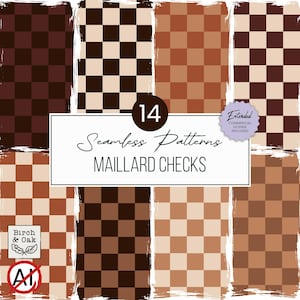 Könnte beinhalten: Eine Sammlung von 14 nahtlosen Mustern mit Maillard-Karos in verschiedenen Braun-, Beige- und Cremetönen. Das Bild zeigt ein Raster aus karierten Designs mit einem weißen Etikett in der Mitte, das den Text 14 Seamless Patterns MAILLARD CHECKS enthält.