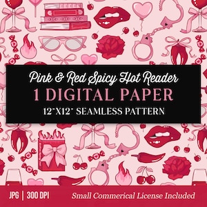 Puede incluir: Papel digital con un patrón continuo rosa y rojo. El diseño incluye ilustraciones de labios, esposas, rosas, libros, gafas y cerezas. El texto en el papel dice "Pink & Red Spicy Hot Reader" y "1 DIGITAL PAPER 12"X12" SEAMLESS PATTERN."