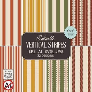 Peut inclure: Une collection numérique de 32 motifs de rayures verticales modifiables dans des tons rouge, jaune et vert. L'étiquette centrale marron foncé affiche le texte Editable VERTICAL STRIPES EPS AI SVG JPG 32 designs, avec un badge bleu clair indiquant Small COMMERCIAL LICENSE INCLUDED.