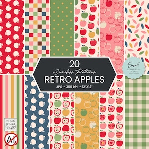 Puede incluir: Una colección digital de 20 patrones sin costuras titulada Retro Apples, que presenta varios motivos de manzanas, diseños a cuadros, rayas y lunares en rojo, verde, azul, amarillo y rosa. El texto dice 20 Seamless Patterns RETRO APPLES.