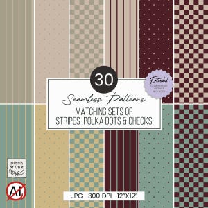 Puede incluir: Una colección de 30 patrones sin costuras con rayas, lunares y cuadros en varias combinaciones de colores. El texto dice 30 Seamless Patterns, Matching Sets of Stripes Polka Dots & Checks, Extended Commercial License Included, JPG 300 DPI 30,48 cm x 30,48 cm, y Birch & Oak.