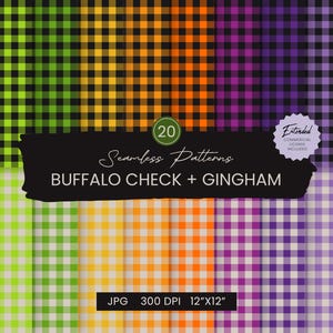May include: A collection of 20 seamless buffalo check and gingham patterns in various colors including green, yellow, orange, purple, and gray. A black rectangular label features the text 20 Seamless Patterns BUFFALO CHECK + GINGHAM.