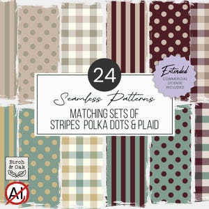 May include: A collection of 24 seamless patterns featuring stripes, polka dots, and plaid designs in various colour palettes including beige, maroon, and teal. The text reads 24 Seamless Patterns Matching Sets of Stripes Polka Dots & Plaid.