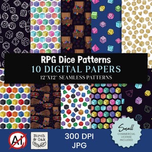 May include: A digital paper pack featuring ten seamless RPG dice patterns. The designs include various dice arrangements, treasure chests, and colorful dice cubes. The text reads "RPG Dice Patterns, 10 Digital Papers, 12"x12" Seamless Patterns".