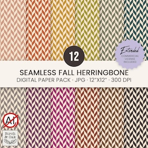 Può includere: Un pacchetto di carta digitale con 12 motivi a spina di pesce senza cuciture in vari colori autunnali tra cui arancione, giallo, verde, viola e marrone. Il testo recita 12 SEAMLESS FALL HERRINGBONE DIGITAL PAPER PACK JPG 30,48cm x 30,48cm 300 DPI.