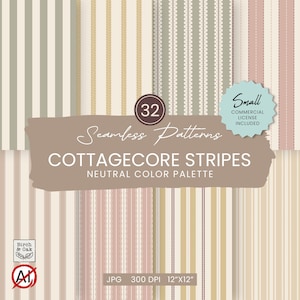 Peut inclure: Une collection numérique de 32 motifs sans couture présentant des rayures dans une palette de couleurs neutres. L'image affiche divers agencements de rayures verticales dans des tons beige, vert sauge et vieux rose, avec le texte 32 Seamless Patterns COTTAGECORE STRIPES NEUTRAL COLOR PALETTE, Small COMMERCIAL LICENSE INCLUDED, JPG 300 DPI 30,48 cm x 30,48 cm.