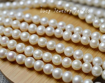 Collar de perlas de patata de 6,3-7,3 mm, al por mayor, collar de perlas sueltas blancas naturales, perla de agua dulce con agujero grande, hebra completa LY2288