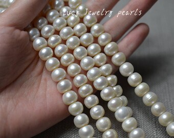 Collar de perlas sueltas 8,5-9,5 mm, venta al por mayor, collar de perlas de patata blanca natural, collar de perlas de agua dulce con agujero grande, hebra completa LY2106