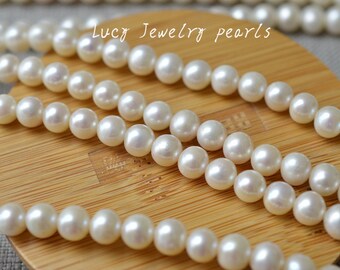 Collar de perlas redondas de 6,5-7 mm, collar de perlas de patata, collar de perlas blancas naturales sueltas, collar de perlas de gran agujero, hebra completa LY2245