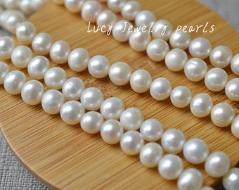 Collar de perlas de patata blancas naturales de 6,3-7 mm, venta al por mayor, collar de perlas de agua dulce sueltas, joyería de hebra completa LY2246