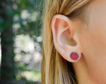Raspberry Earrings, Raspberry Studs, Red Berry Studs, Garden Gifts, Fruit Jewelry, Hypoallergenic Raspberry Stud Earrings, Titanium Posts,