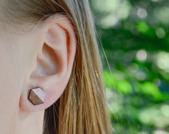 Hexagon Wooden Everyday Stud Earrings With Stripes