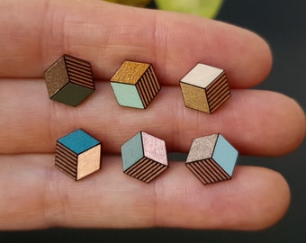Minimalist Earrings, Geometric Earrings, Hexagonal Earrings, Wooden Stud Earrings, Cube Stud Earrings
