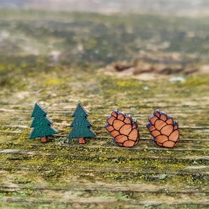Pine Cone Stud Earrings, Mix And Match Cone and Tree Studs, Girl Scout Gift