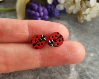 Ladybug Earrings, Insect Earrings, Titanium Posts, Bug Earrings, Wooden Earrings