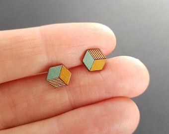 Mint and Mustard Hexagon Studs, Cube Earrings, Geometric Studs, Wooden Stud Earrings, Hexagonal Stud Earrings, 3d Cube Earrings