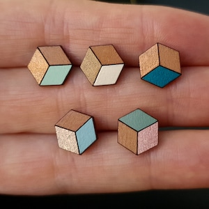 Minimalist Earrings, Geometric Earrings, Hypoallergenic Hexagonal Earrings, Wooden Stud Earrings, Cube Stud Earrings, Titanium Posts,