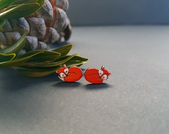 Fox Earrings, Sleeping Fox Studs, Wooden Fox Stud Earrings, Fox Jewelry, Woodland Animal Jewelry, Titanium Posts, Hypoallergenic Earrings