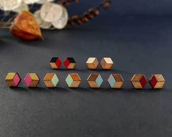 Wooden Cube Earrings, Geometric Studs, Wooden Stud Earrings, Hexagonal Stud Earrings, 3d Cube Earrings