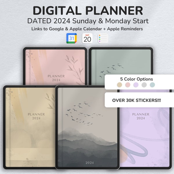 Agenda numérique 2024 | Quotidien, hebdomadaire et mensuel | Planificateur GoodNotes pour iPad et Xodo pour Android | Agenda numérique daté | Planificateur d'objectifs