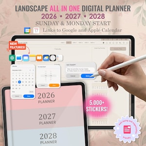 Puede incluir: Un planificador digital horizontal para 2026, 2027 y 2028 con opciones de inicio en domingo y lunes, enlaces a Google y Apple Calendar, y más de 5.000 pegatinas. La interfaz muestra un calendario, priorización de tareas e integración ChatGPT.