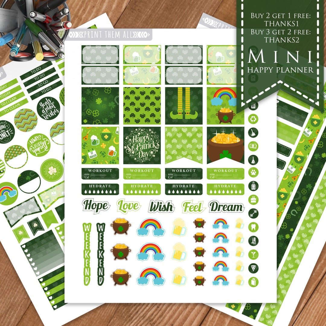 St Patrick's Day MINI Happy Planner Stickers: Printable Kit (digital ...