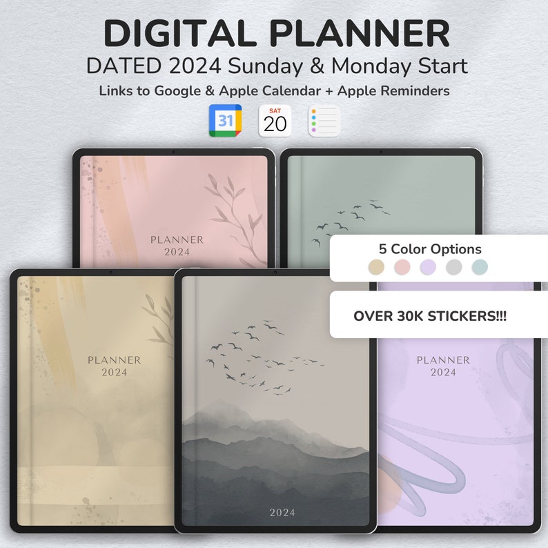 Agenda numérique 2024 Quotidien, hebdomadaire et mensuel Planificateur GoodNotes pour iPad et Xodo pour Android Agenda numérique daté Planificateur d'objectifs image 1