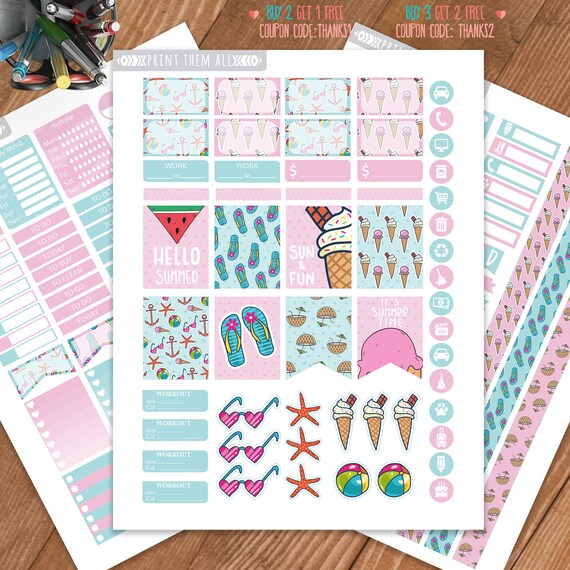 Summer Planner Stickers: Beach Theme, Erin Condren Compatible (Printable)