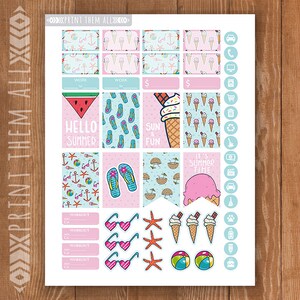 K&ouml;nnte beinhalten: Ein Set Sommer-Planer-Aufkleber mit Eiswaffeln, Flip-Flops, Wassermelone, Sonnenbrillen und einem Seestern. Die Aufkleber sind auf wei&szlig;em Papier mit rosa und blauem Hintergrund gedruckt.