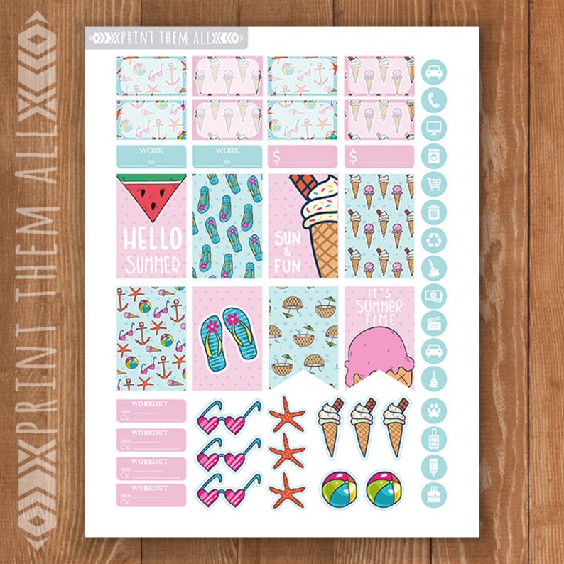 K&ouml;nnte beinhalten: Ein Set Sommer-Planer-Aufkleber mit Eiswaffeln, Flip-Flops, Wassermelone, Sonnenbrillen und einem Seestern. Die Aufkleber sind auf wei&szlig;em Papier mit rosa und blauem Hintergrund gedruckt.