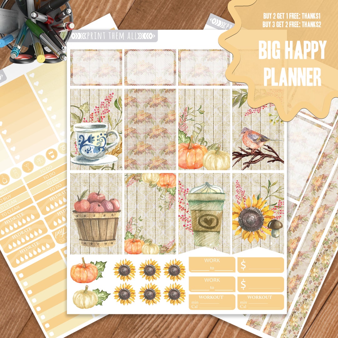 Fall Boho Planner Stickers Printable, Autumn Big Happy Planner Stickers ...