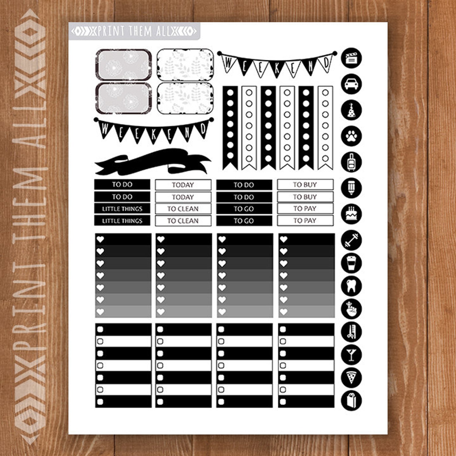 Black &amp; White Planner Stickers Printable Wildflower HAPPY | Etsy