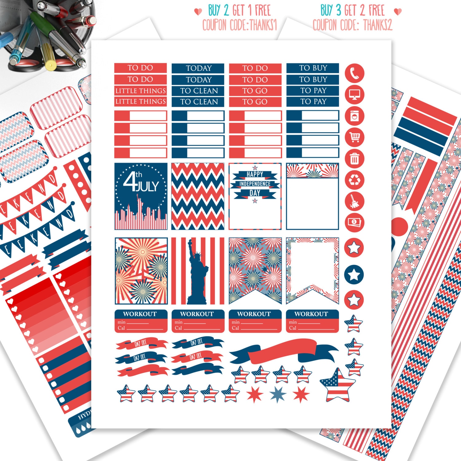 4th of July Planner Stickers PrintableWeekly Kit Stickers ...