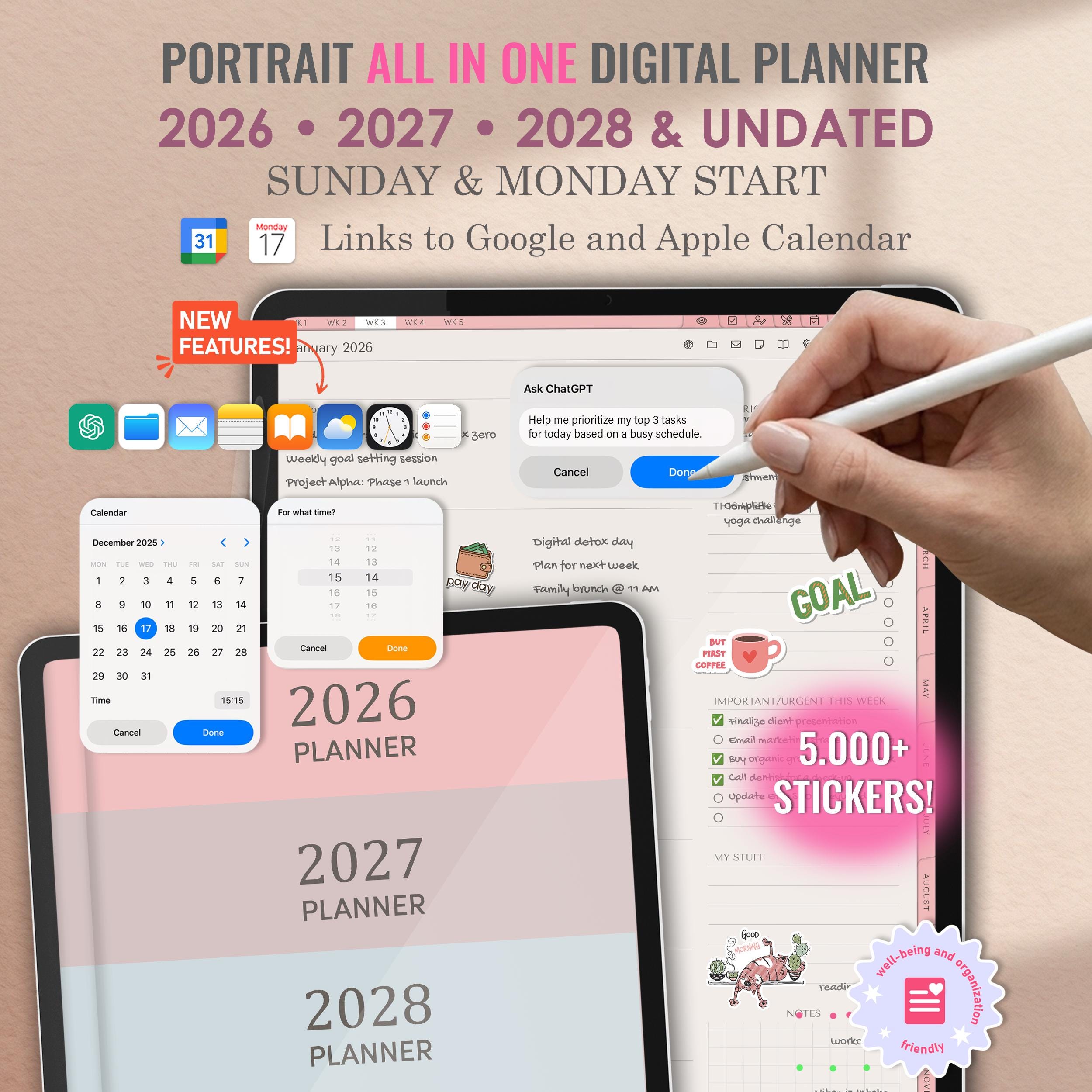 Portrait Digital Planner 2026 2027 2028 & Undated, Goodnotes Planner ...